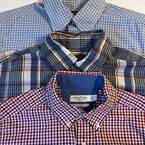 Nautica Plaid checked Short Sleeve Shirt Men Medium 100% Cotton Lot Of 3